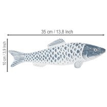 Produkt Drewniana ryba w kolorze niebiesko-białym, dekoracja w kształcie ryby, mączka drzewna, 35 cm, 1 sztuka