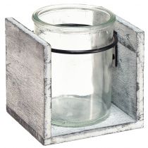 Produkt Świecznik na podgrzewacze ze szkła w rustykalnej drewnianej ramie - szaro-biały, 10x9x10cm - urocza dekoracja stołu 3 sztuki