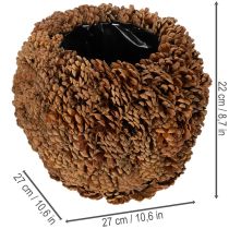 Produkt Dekoracyjna donica z szyszkami sosnowymi, naturalny wygląd, 27 cm. Okrągła donica w kształcie szyszki sosnowej, w kolorze naturalnego brązu, wykonana z szyszek sosnowych, 27 cm x 22 cm.