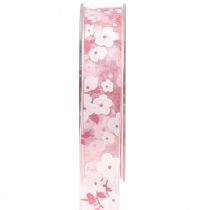 Produkt Wstążka z organzy różowa z kwiatami Wstążka prezentowa 20mm 20m