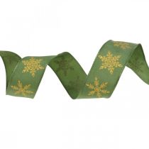 Produkt Wstążka świąteczna śnieżynka zielona, żółta 25mm 15m