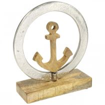 Dekoracja morska, drewniana kotwica w pierścieniu, rzeźba, ozdoba morska letnia srebrna, kolory naturalne W19,5cm