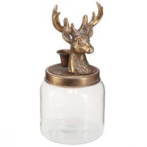 Produkt Zabytkowy świecznik szklana głowa jelenia, złoty, metalowy, 26cm