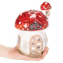 Produkt Dekoracyjny domek w kształcie grzybka na podgrzewacz, ręcznie malowany z wieżyczką, 21 cm