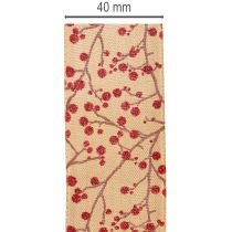 Produkt Dekoracyjne gałązki wstążkowe z czerwonymi brokatowymi jagodami, 40mm x 15m
