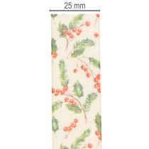 Produkt Wstążka dekoracyjna z ostrokrzewem i jagodami, brzeg stabilny wymiarowo, 25 mm, 18 m
