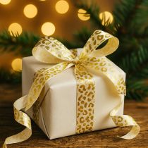 Produkt Wstążka jedwabna z nadrukiem w panterkę, kremowo-złota, 15 mm, 18 m