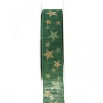 Wstążka prezentowa z kokardą w gwiazdki zielone złoto 25mm 15m