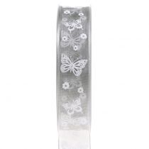 Organza wstążka motyl szary 25mm 20m