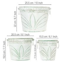 Produkt Doniczka metalowa z tłoczonym wzorem i uchwytami, biało-zielona, w stylu shabby chic, wys. 22/19,5/17,5 cm, śr. 25,5/20,5/15,5 cm, zestaw 3 szt.