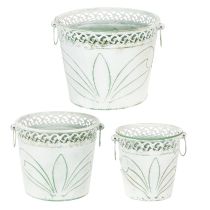 Produkt Doniczka metalowa z tłoczonym wzorem i uchwytami, biało-zielona, w stylu shabby chic, wys. 22/19,5/17,5 cm, śr. 25,5/20,5/15,5 cm, zestaw 3 szt.