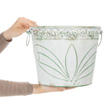 Produkt Doniczka metalowa z tłoczonym wzorem i uchwytami, biało-zielona, w stylu shabby chic, wys. 22/19,5/17,5 cm, śr. 25,5/20,5/15,5 cm, zestaw 3 szt.
