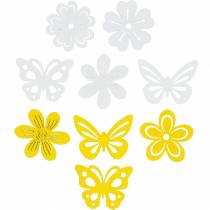 Kwiaty i motyle do rozsypania żółte, białe dekoracja drewniana do rozsypania wiosna 72szt.