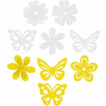 Produkt Kwiaty i motyle do posypania żółta, biała drewniana dekoracja do posypywania wiosenna dekoracja 72 sztuki