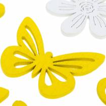 Kwiaty i motyle do rozsypania żółte, białe dekoracja drewniana do rozsypania wiosna 72szt.