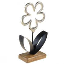 Produkt Metalowa dekoracja kwiatowa w kolorze srebrno-czarnym, drewniana podstawa 15x29cm
