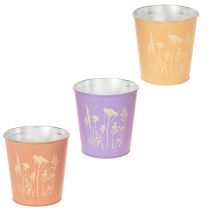 Produkt Komplet trzech okrągłych doniczek metalowych pastelowych z motywem kwiatowym 12 cm
