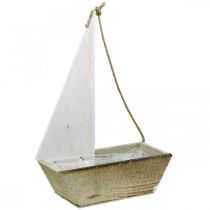 Statek dekoracyjny, dekoracja drewniana morska, łódź żaglowa do sadzenia biała, naturalna W37cm D25,5cm