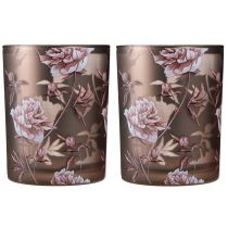 Produkt Szklany lampion dekoracyjny piwonie srebrno-brązowy wys. 12,5cm 2 szt.