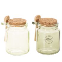 Produkt Szklanka dekoracyjna z korkową pokrywką i łyżeczką, zielona, Ø7cm, wys.10cm, 2 sztuki