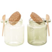 Produkt Szklanka dekoracyjna z korkową pokrywką i łyżeczką, zielona, Ø7cm, wys.10cm, 2 sztuki