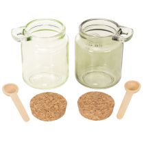 Produkt Szklanka dekoracyjna z korkową pokrywką i łyżeczką, zielona, Ø7cm, wys.10cm, 2 sztuki