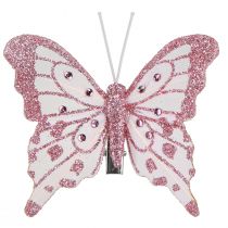 Produkt Ozdobne motyle z piórek różowy brokat 7,5x7cm 4 szt