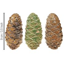 Produkt Dekoracyjne szyszki ceramiczne, różne kolory: zielony, żółty, brązowy, 8,5 cm, 6 sztuk
