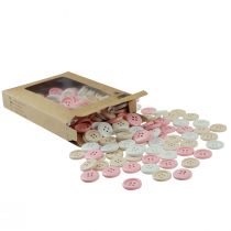 Produkt Guziki dekoracyjne do robótek ręcznych z drewna Ø2cm kremowo-różowo-białe 210 szt.