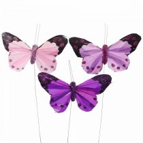 Produkt Dekoracyjny motyl na drucie motylki z piórkami fioletowy/różowy 9,5cm 12szt