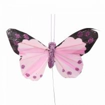 Dekoracyjny motyl na drucie motylki z piórkami fioletowy/różowy 9,5cm 12szt