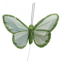 Motyle ozdobne zielone piórka na drucie 10cm 12szt