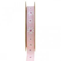 Produkt Wstążka dekoracyjna różowa z kwiatami Wstążka prezentowa 15mm 15m