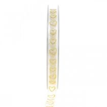 Wstążka dekoracyjna biała wstążka prezentowa serduszko złota brokat 10mm 20m