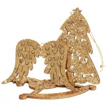 Deco wieszak drewniany złoty brokat dekoracja choinkowa 10cm 6szt