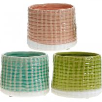 Doniczki ozdobne z wzorem koszyczkowym, doniczka, donica ceramiczna mięta/zielona/różowa Ø13cm 3szt