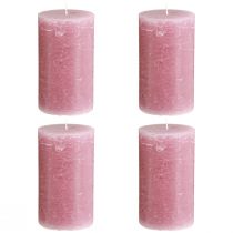 Produkt Świece filarowe w kolorze różowego pyłu, 70×120 mm, barwione w całości, zestaw 4 sztuk, dekoracyjne świece na wesela i do domu