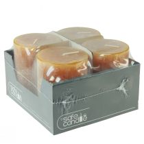 Produkt Żółte rustykalne świece filarowe 80x110mm, zestaw 4 sztuk, bezpieczna świeca - czas palenia 57 godz., jakość RAL