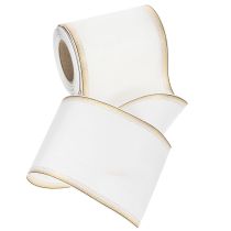 Produkt Elegancka wstążka do wieńca Moiré, 125 mm, biała ze złotą obwódką – wysokiej jakości dekoracyjna wstążka do florystyki i na uroczystości