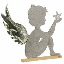 Aniołek bożonarodzeniowy stojący na pniu brzozy filc kremowy, złoty wys.46cm