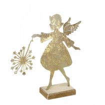 Dekoracyjny anioł z mniszkiem lekarskim, dekoracja adwentowa z metalu, anioł bożonarodzeniowy złoty antyczny wygląd H21cm