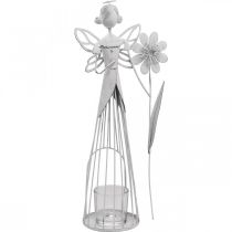 Wiosenna dekoracja, kwiatowa wróżka jako latarnia, metalowa dekoracja stołu, elf z kwiatkiem biały H32,5cm