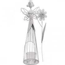 Wiosenna dekoracja, kwiatowa wróżka jako lampion, metalowa dekoracja stołu, elf z białym kwiatkiem wys. 32,5 cm