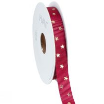 Produkt Świąteczna wstążka dekoracyjna w kolorze ciemnoczerwonym ze złotymi gwiazdkami, szerokość 15mm, długość 20m