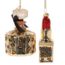 Produkt Ozdoba choinkowa: flakon perfum i szminka z nadrukiem w panterkę, 11 cm, 2 sztuki