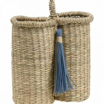 Uchwyt na butelkę wykonany z trawy morskiej, pleciony kosz na butelkę, dekoracja balkonu, ozdobny kosz do wiszącej natury, niebieski W20cm W22cm