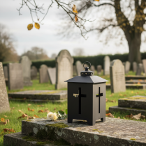 Produkt Latarnia znicz grobowy z okienkiem krzyżowym metalowa antyczna szara 13 x 27 cm