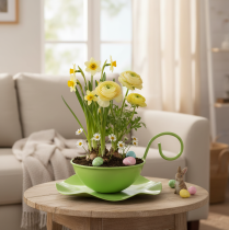 Produkt Filiżanka dekoracyjna metalowa ze spodkiem, jasnozielona, wys. 8 cm, Ø11,5 cm, 2 sztuki