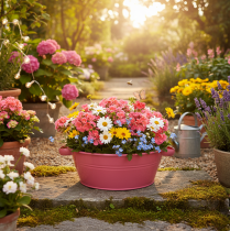 Produkt Różowa metalowa misa na kwiaty z uchwytami, okrągła, Ø33,5 cm