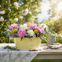 Produkt Dekoracyjna metalowa misa, zielono-żółta, na kwiaty z uchwytem, Ø33,5 cm